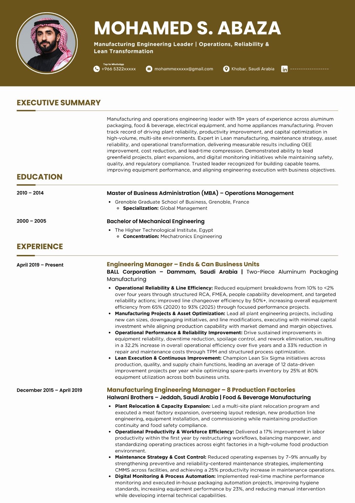 Manufacturing Engineering Leader CV sample