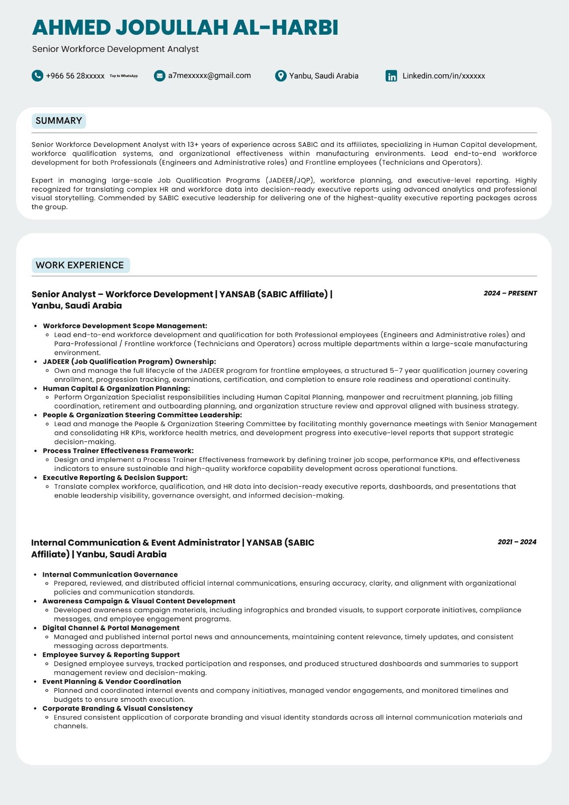 Workforce Development Analyst CV sample