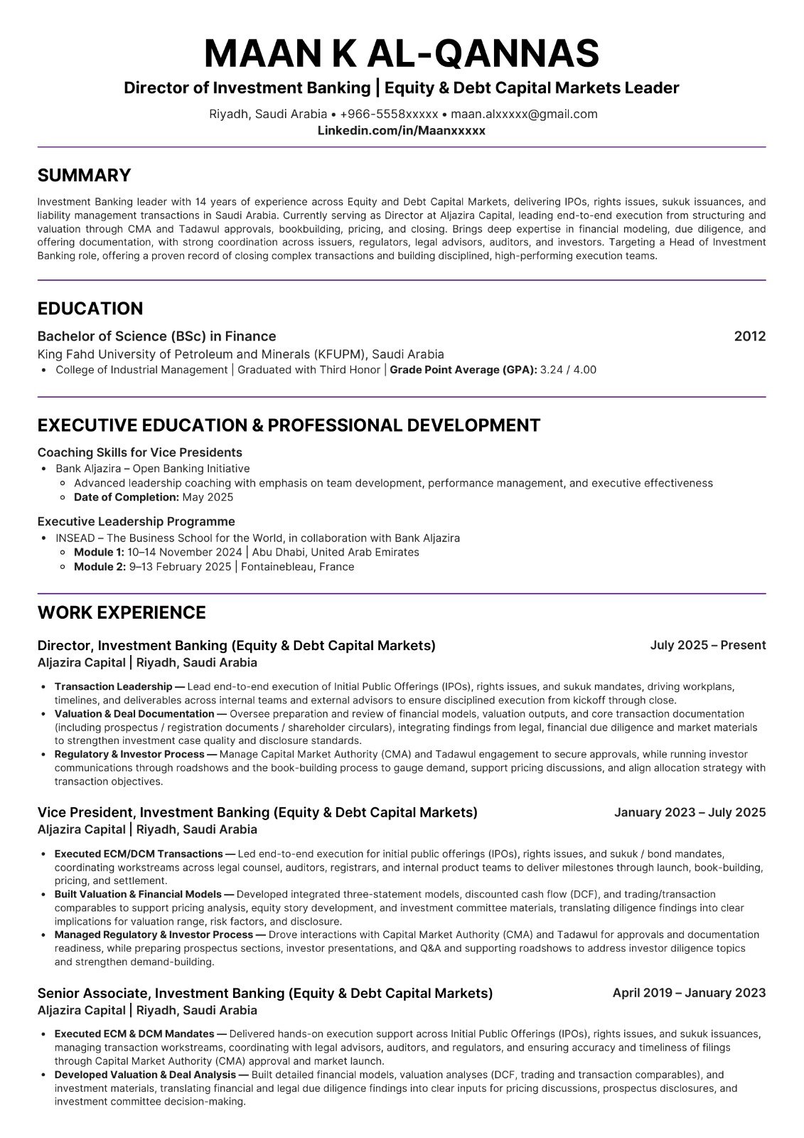 Investment Banking Director CV sample