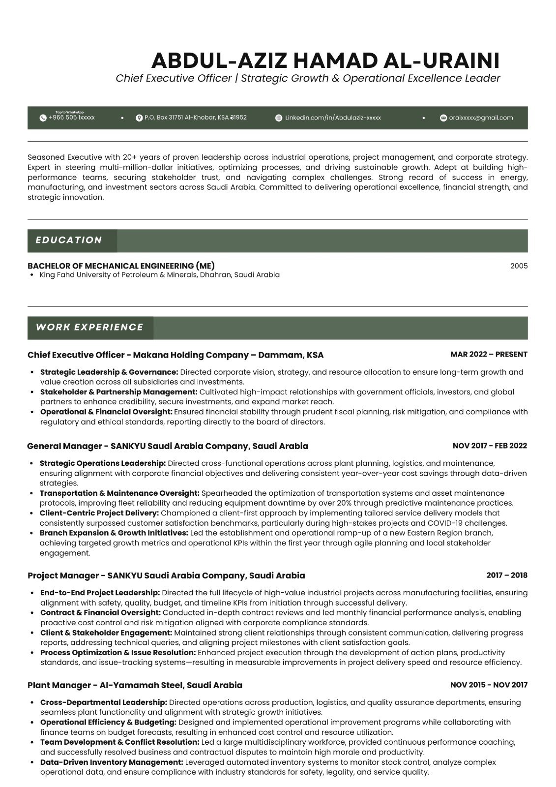 Example of an executive CV layout