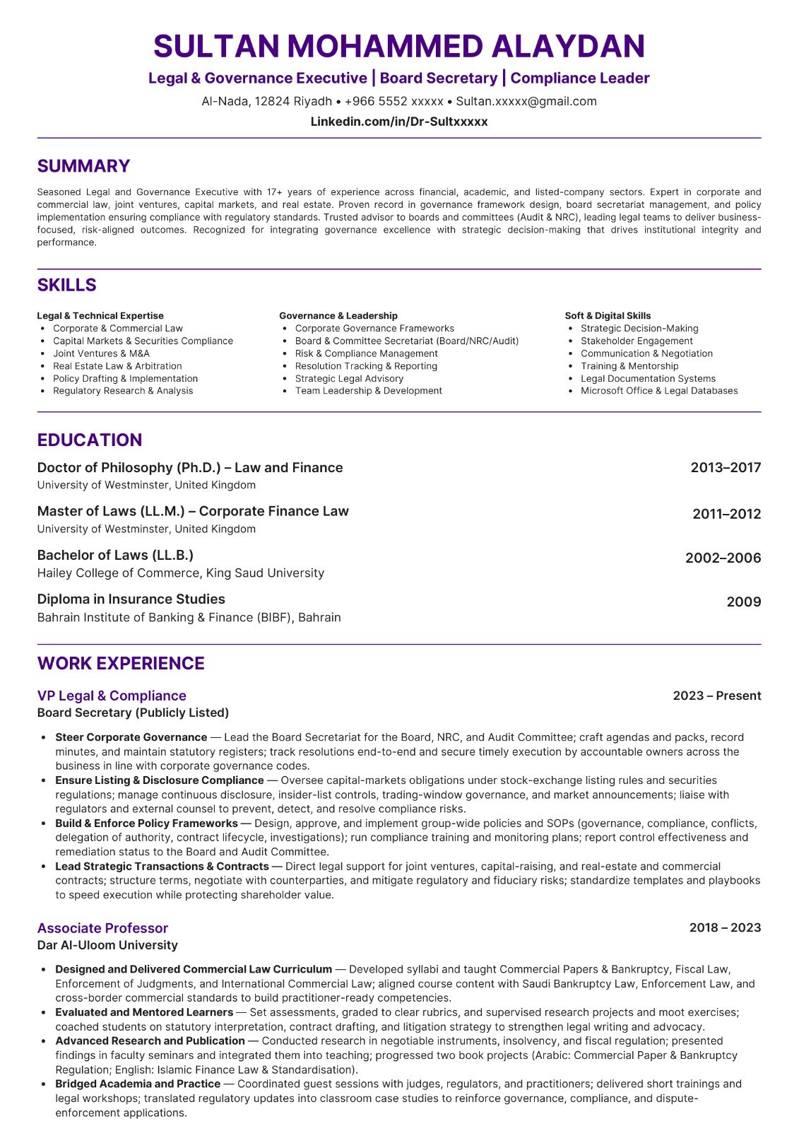 Legal & Governance Executive CV sample
