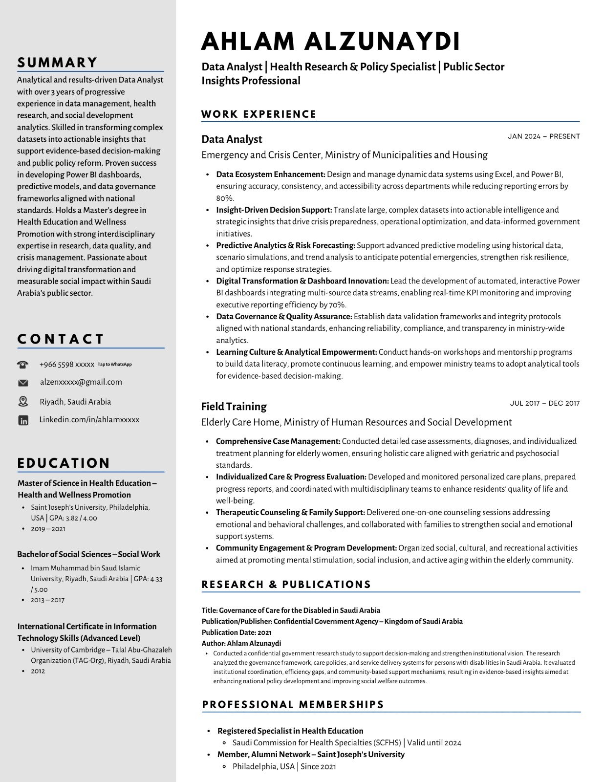 Data & Health Research Analyst CV sample