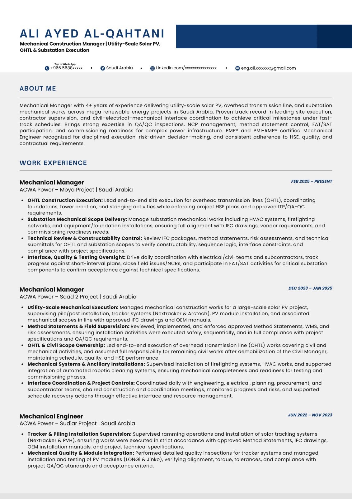 Mechanical Construction Manager CV sample