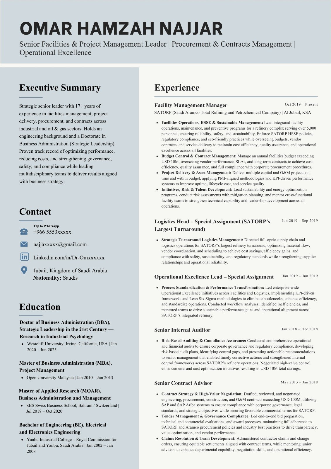 Facilities & Projects Leader CV sample