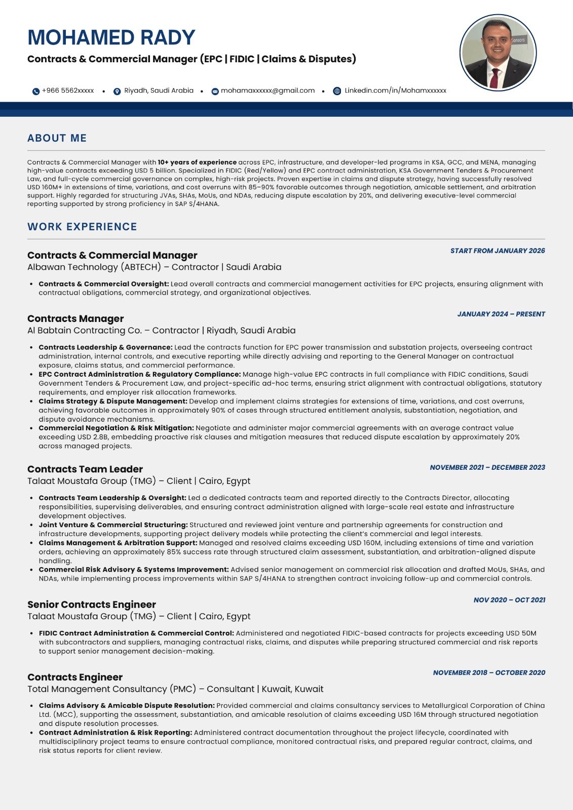 Contracts & Commercial Manager CV sample