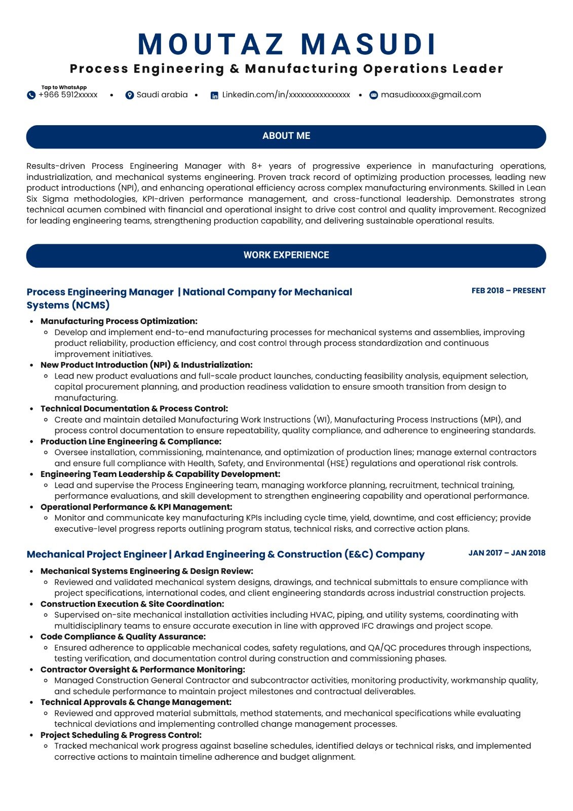 Process Engineering Leader CV sample