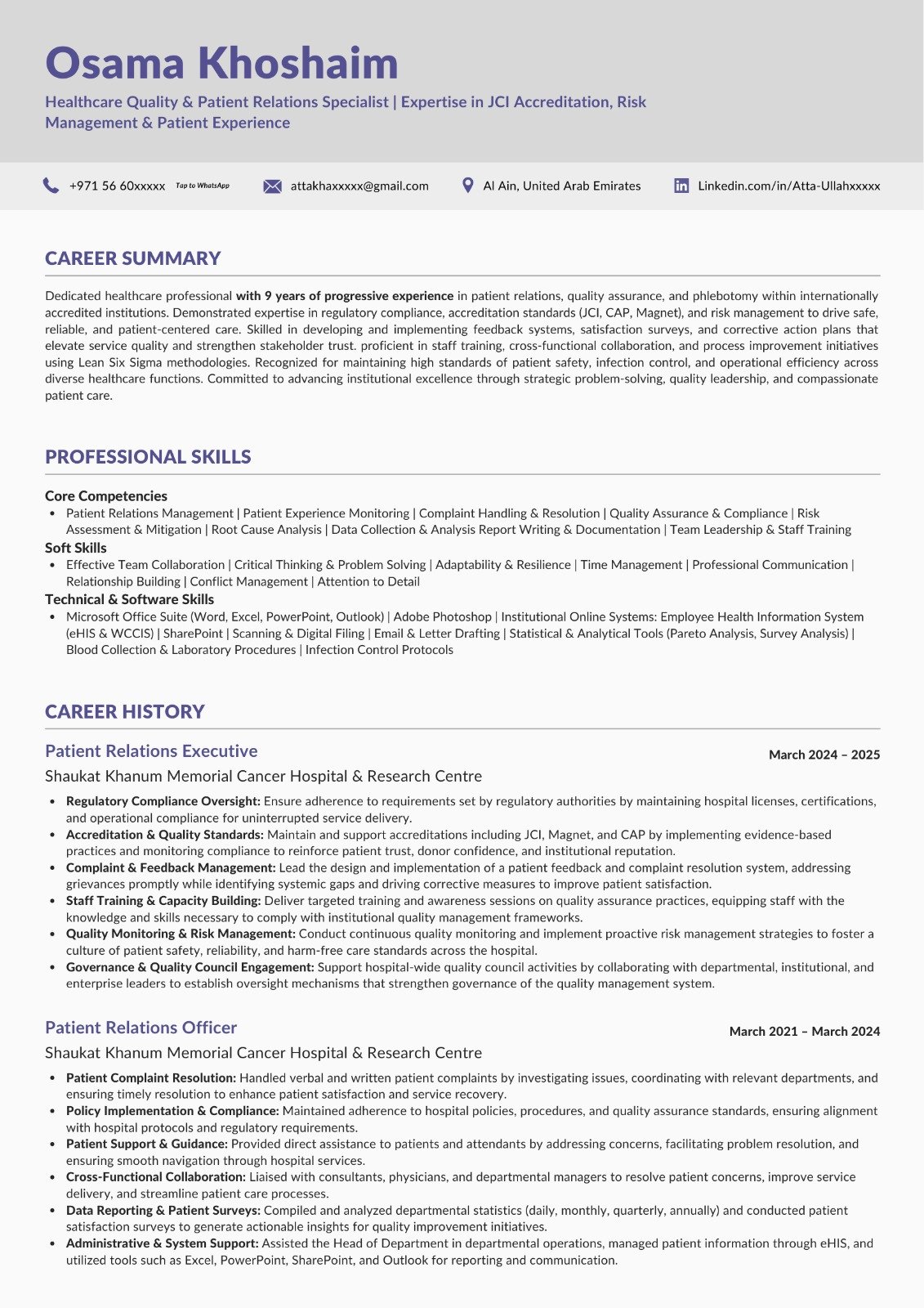 Healthcare Quality Specialist CV sample