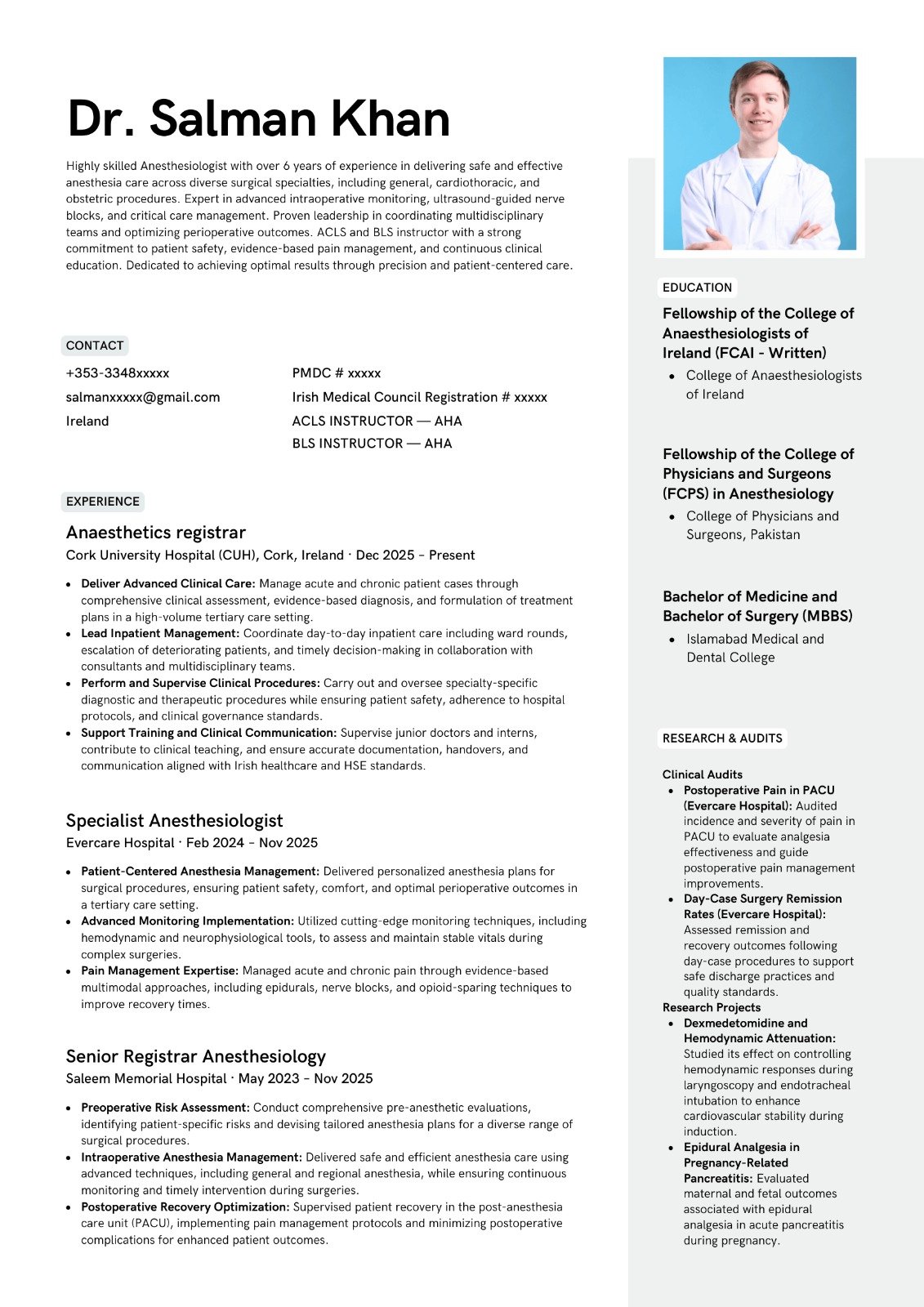 Anaesthesiology Professional CV sample