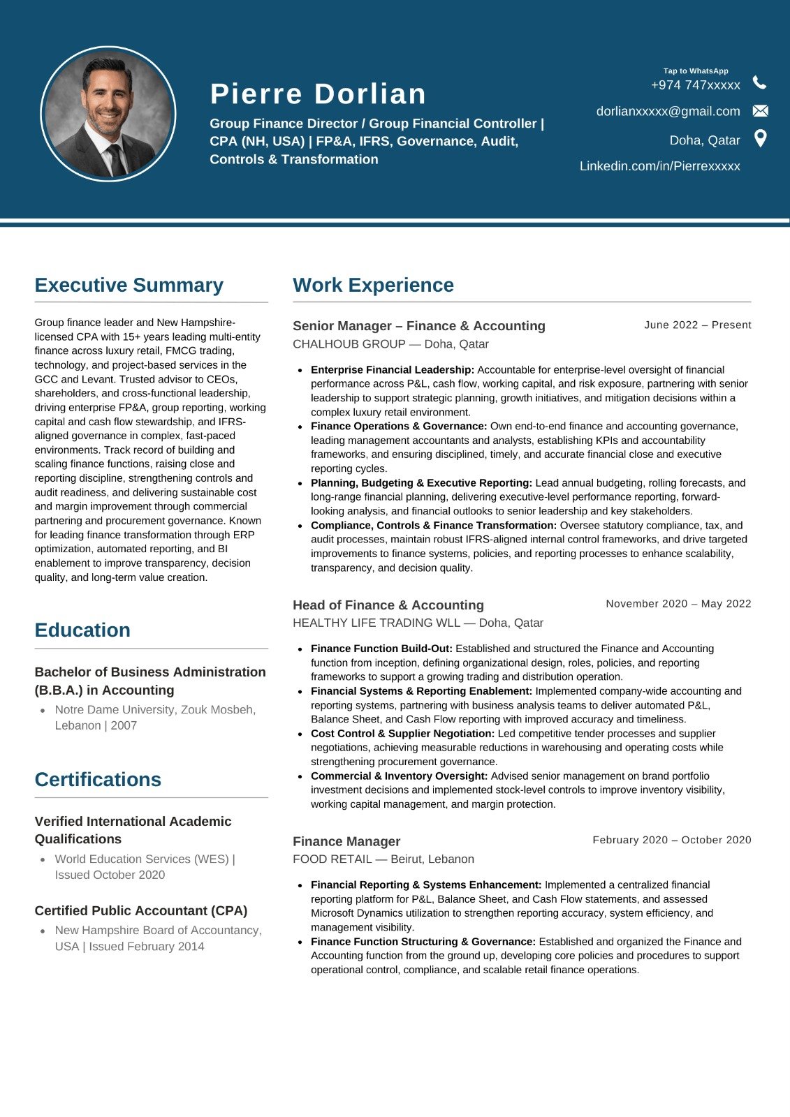Group Finance Director CV sample