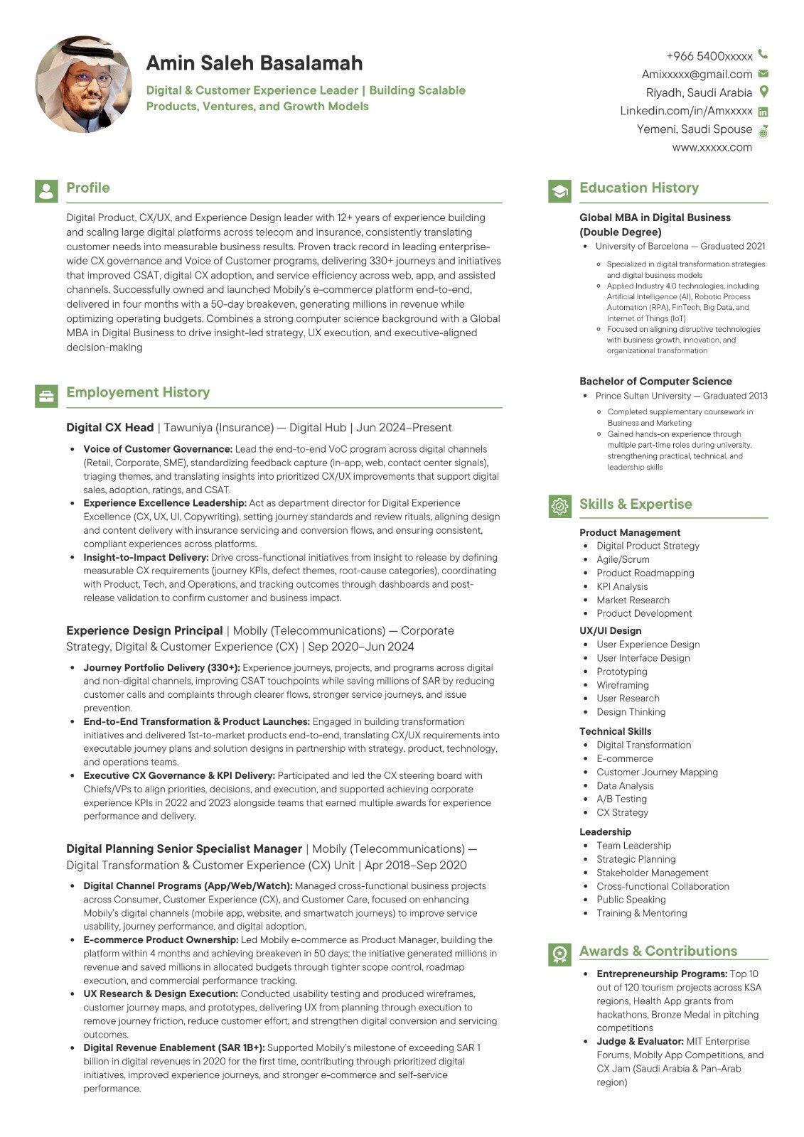 Digital & Customer Experience Leader CV sample