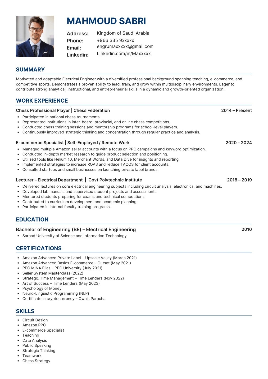 Electrical Engineering Professional CV sample